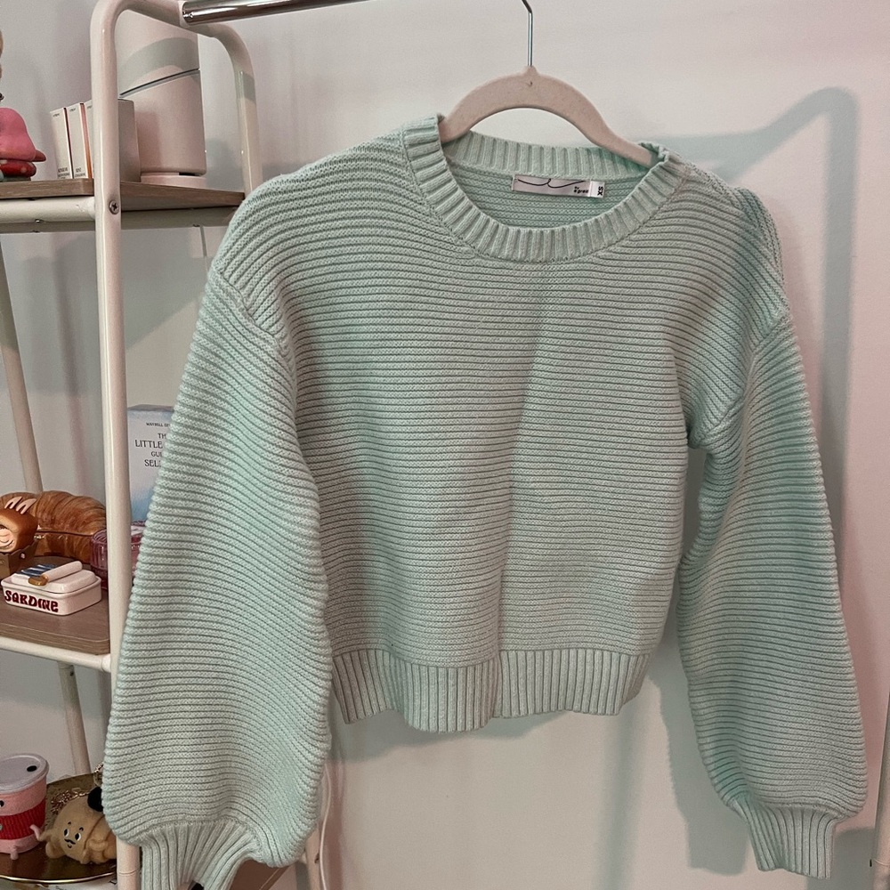 Mint Green Ribbed Balloon Sleeve Sweater